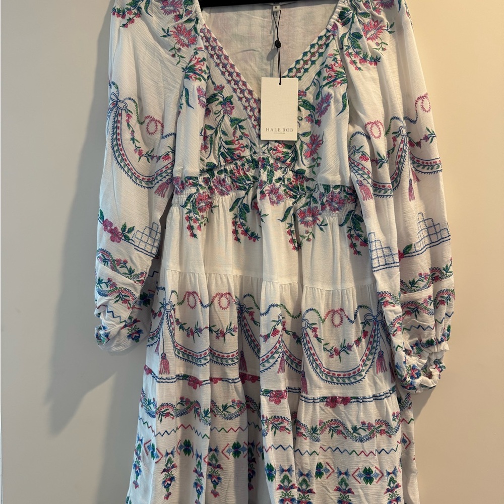 Hale Bob White Dress with Pink and Green Embroidery NWT